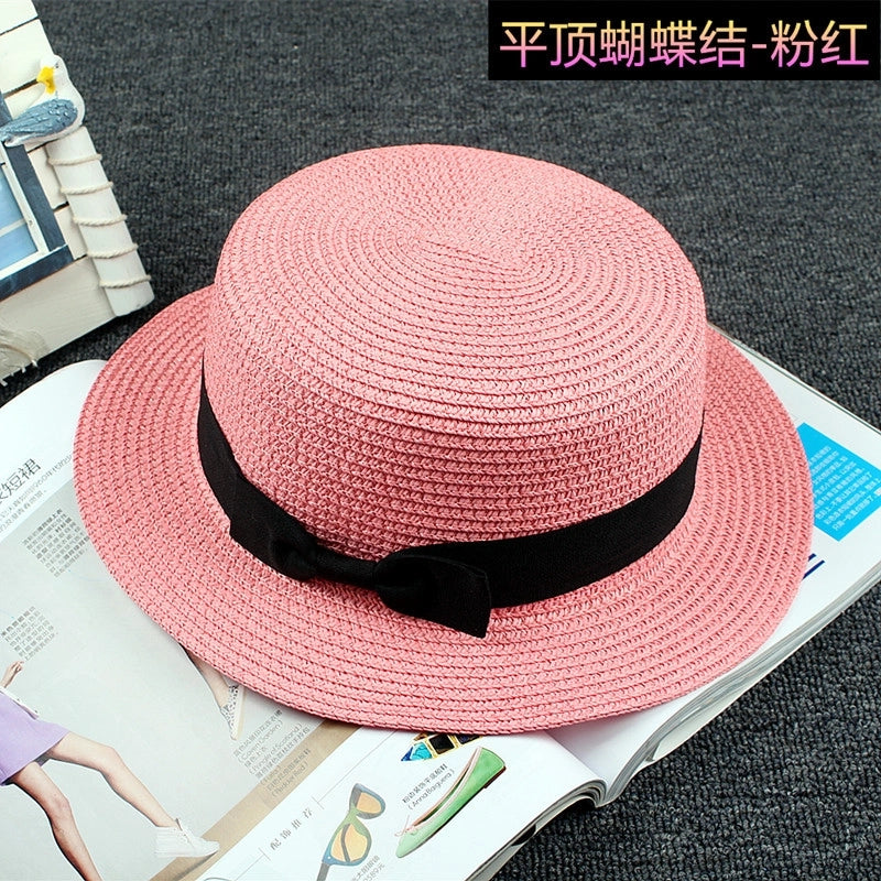 Straw Hat Sun Hat Trendy Women Summer Bow Straw Flat Top Hat