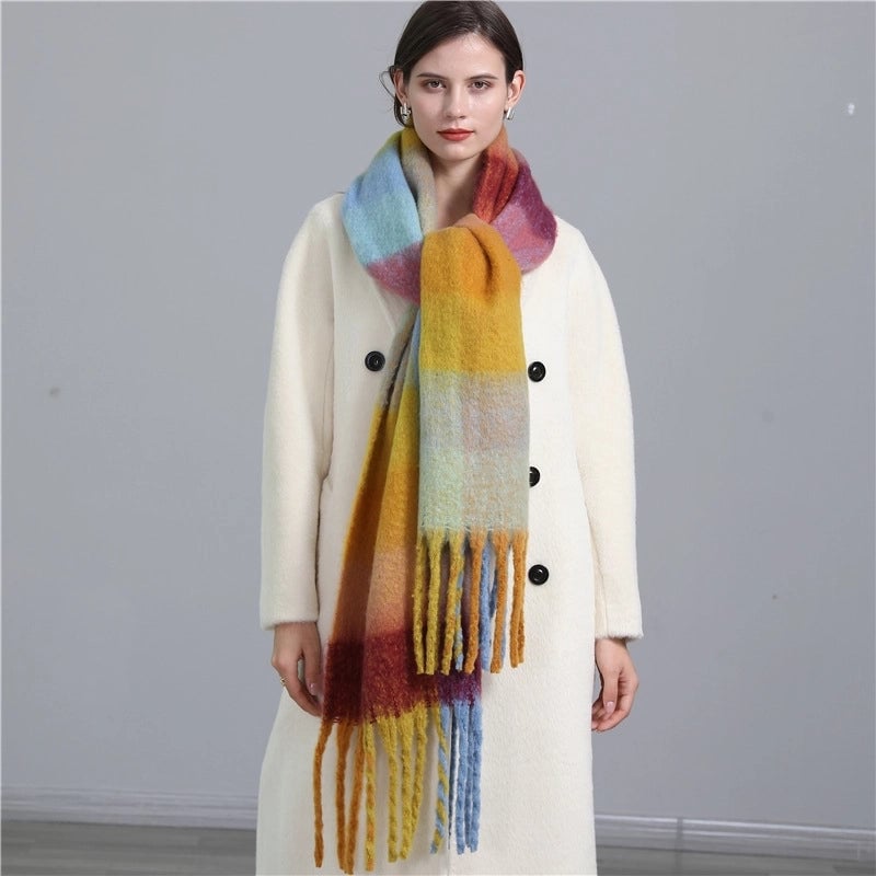 Autumn And Winter Scarf Cashmere Thickened Warm Striped Plaid Scarf Women's Fashion Tassel Long Men's And Women's Scarf Couple