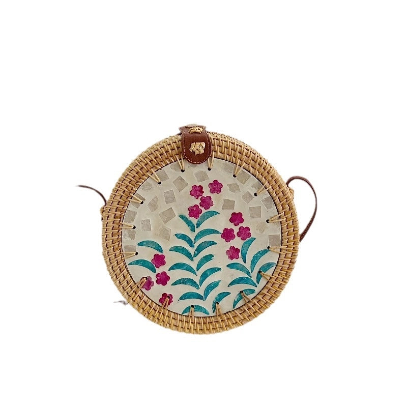 Women's Medium Rattan Floral Elegant Magnetic Buckle Dome Bag