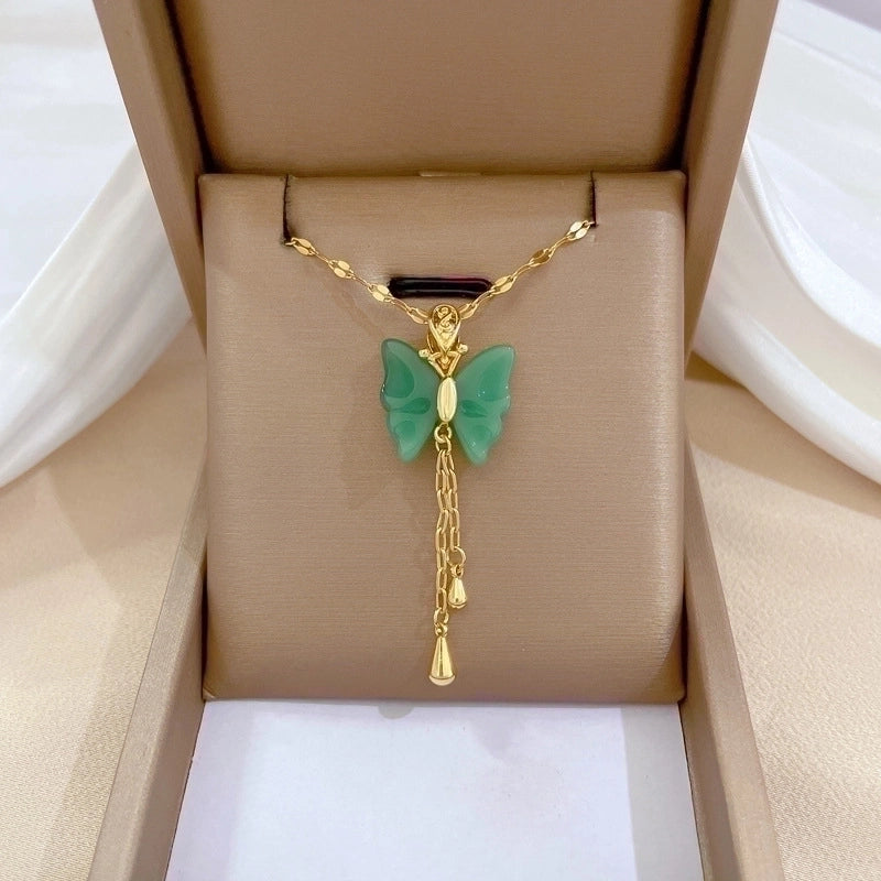 Minimalist Butterfly Titanium Steel Copper Plating Inlay Zircon Pendant Necklace