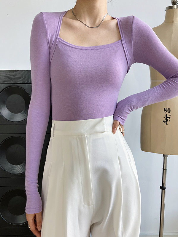 Long Sleeves Skinny Solid Color Square-Neck T-Shirts Tops