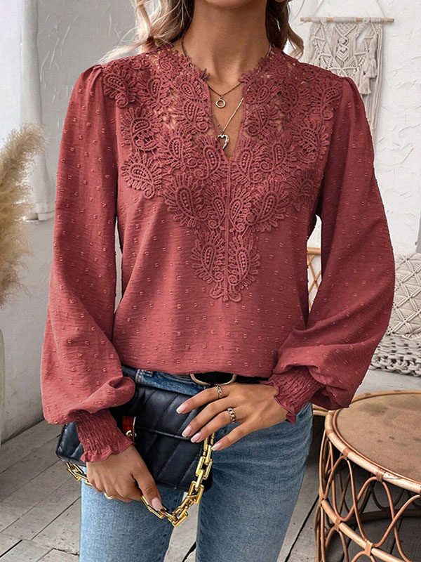 Loose Puff Sleeves Elasticity Hollow Jacquard Solid Color Split-Joint V-Neck Blouses&Shirts Tops