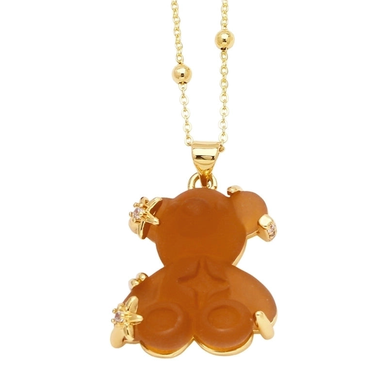 Copper Gold Plated Cute Minimalist Bear Inlay Resin Zircon Pendant Necklace