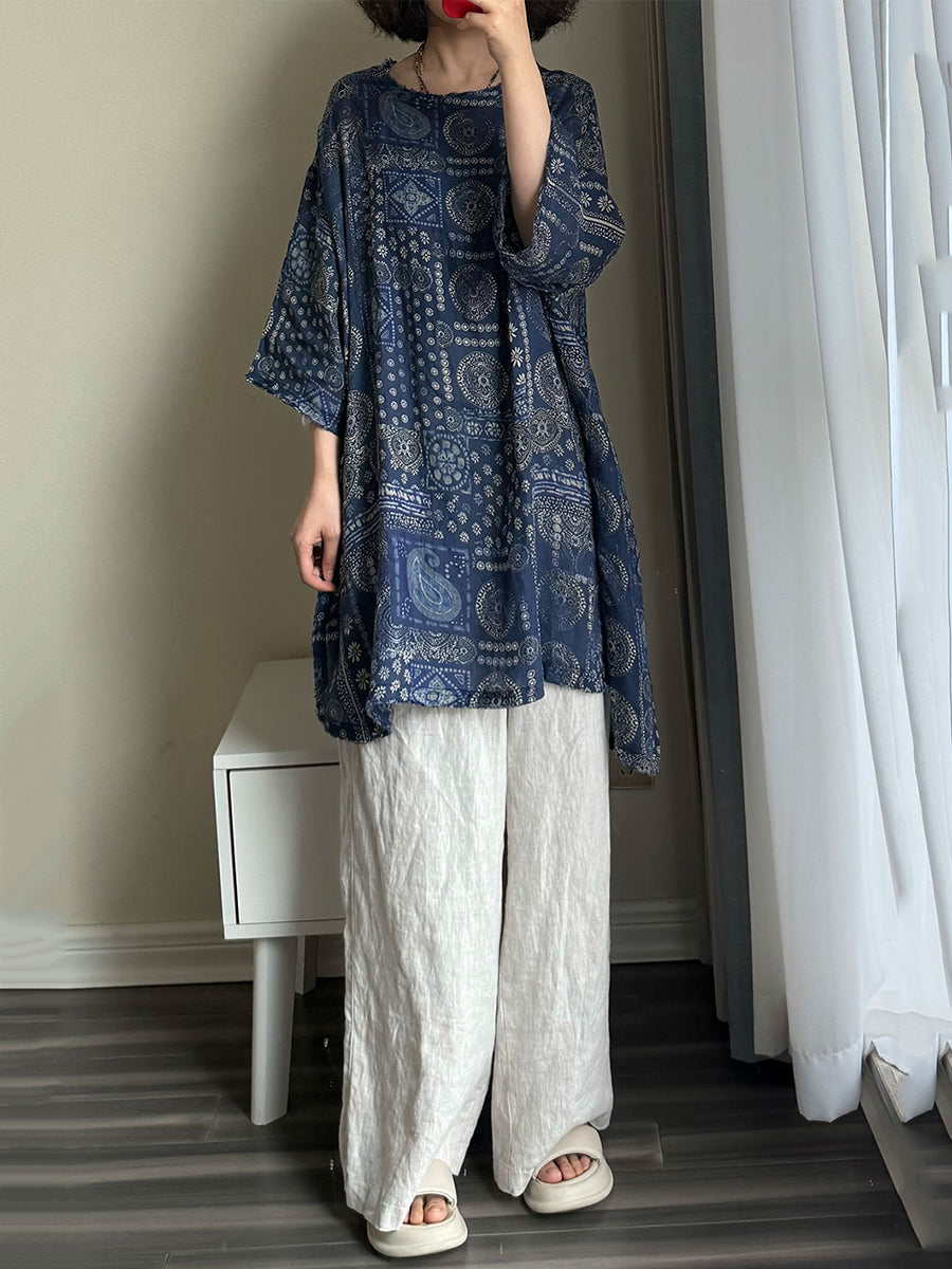 Women Summer Vintage Flower O-neck 100%Raime Shirt