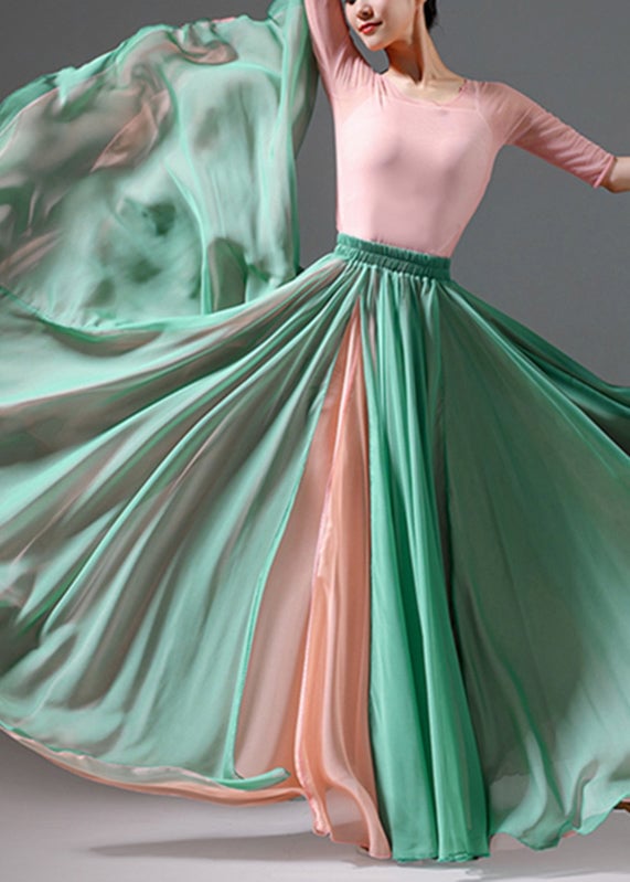 Vintage Grass Green Patchwork High Waist Silk Maxi Skirt Summer