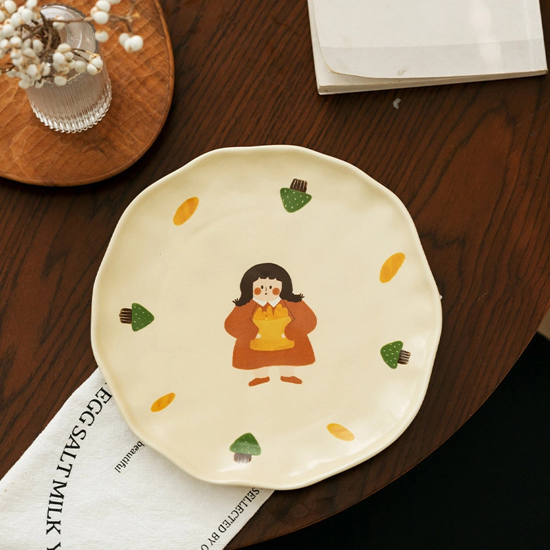 Vintage Girl's Dinner Plate Cute Plate Household Ceramic Plate Cartoon Plate Rice Bowl Small Bowl Mug With Lid