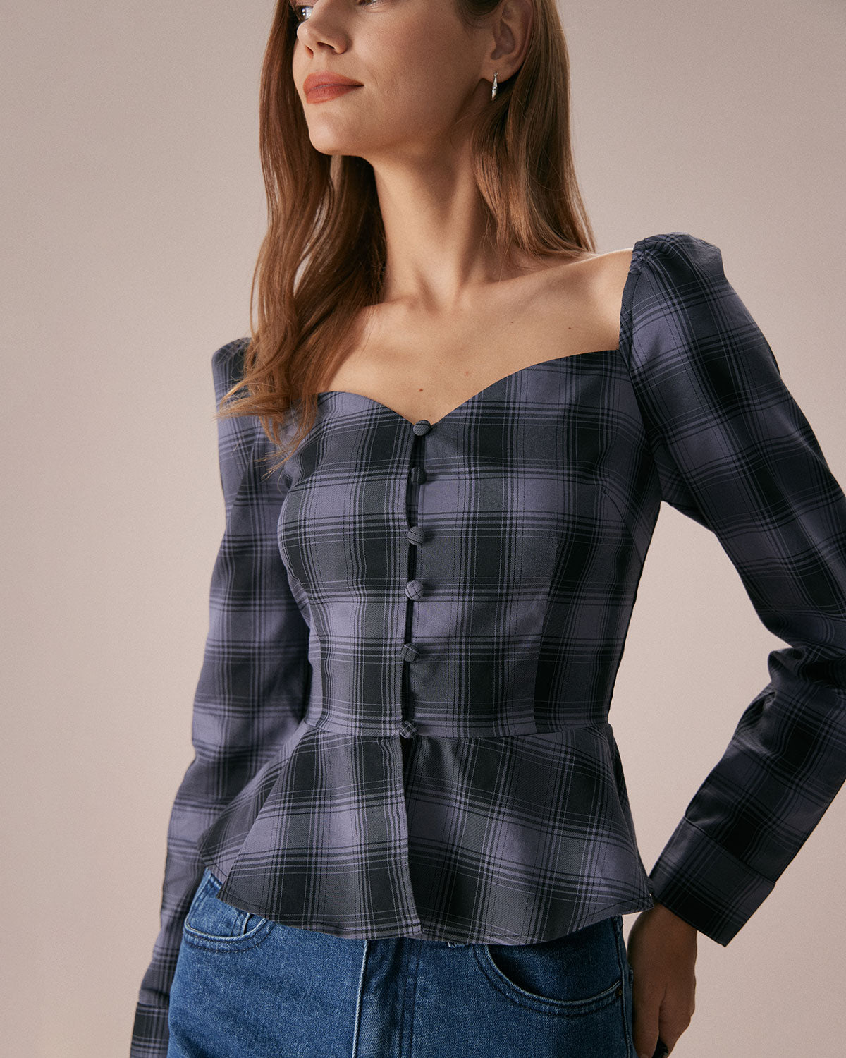 The Dusty Blue Sweetheart Neck Plaid Blouse