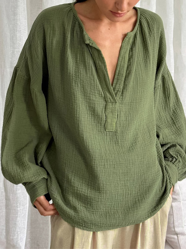 Loose Puff Sleeves Pleated Solid Color Split-Joint V-Neck Blouses&Shirts Tops