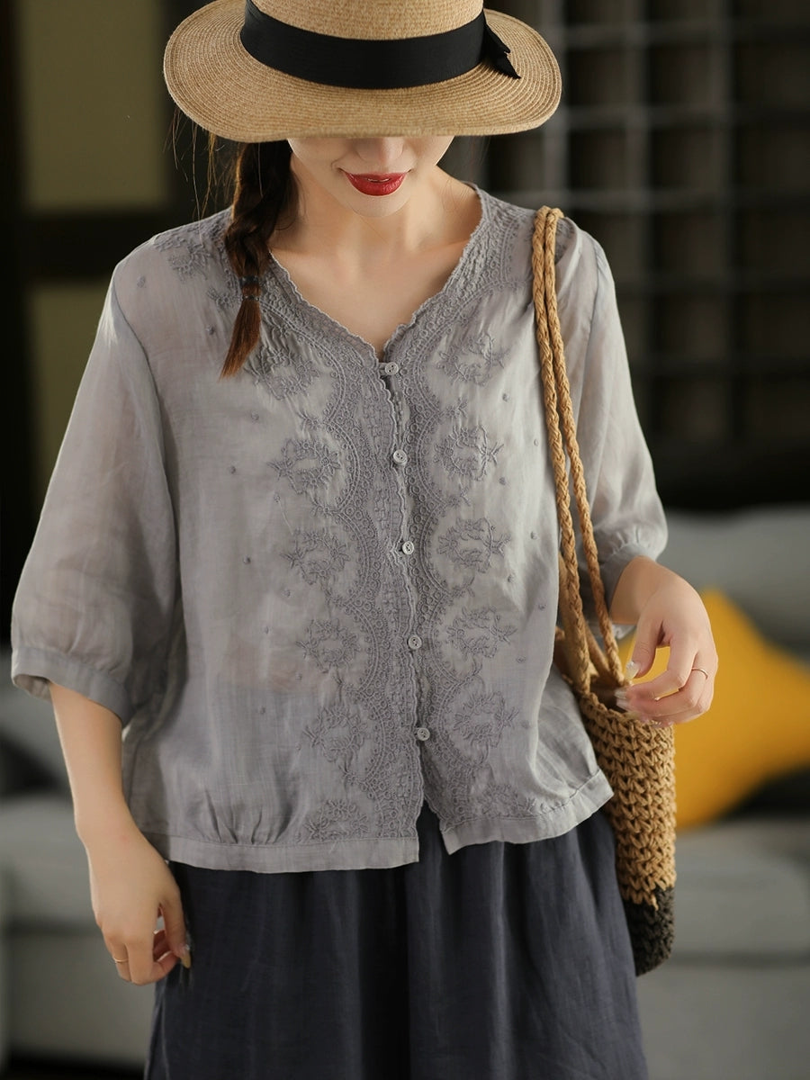 Women Summer Vintage Embroidery V-neck 100%Raime Shirt