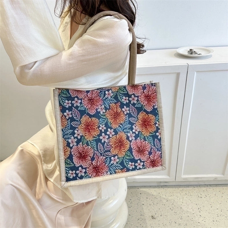 Women's Medium All Seasons Canvas Flower Streetwear Square Magnetic Buckle Tote Bag