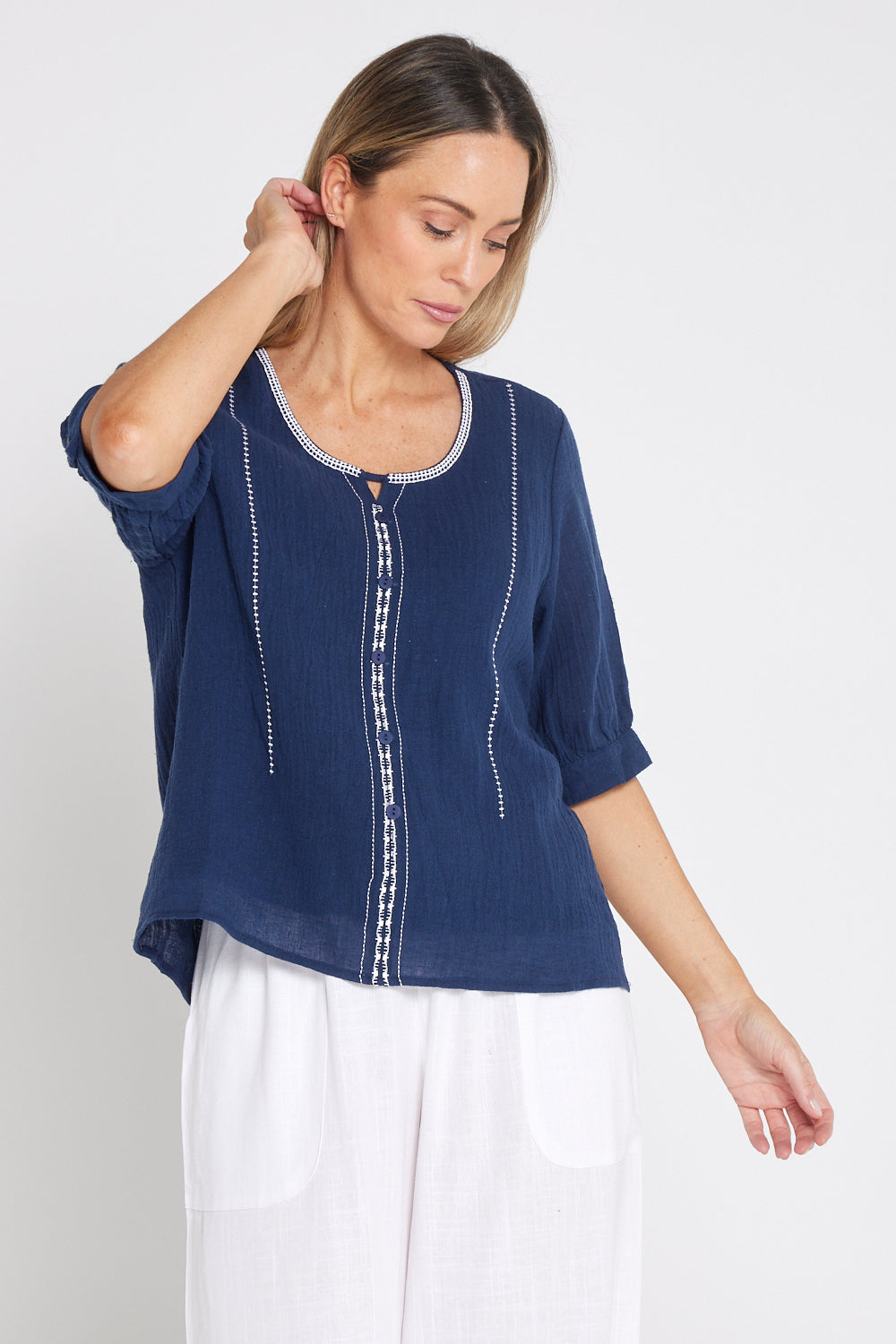 Meagan Linen Blouse - Navy