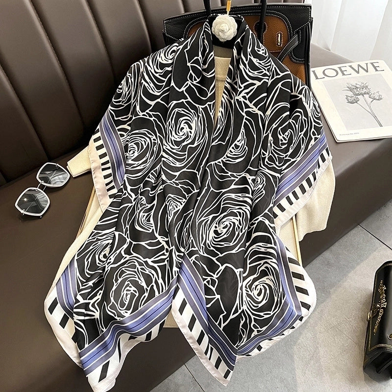 Classic Blue Orange Big Flower Simulation Silk Scarf Large Square Shawl