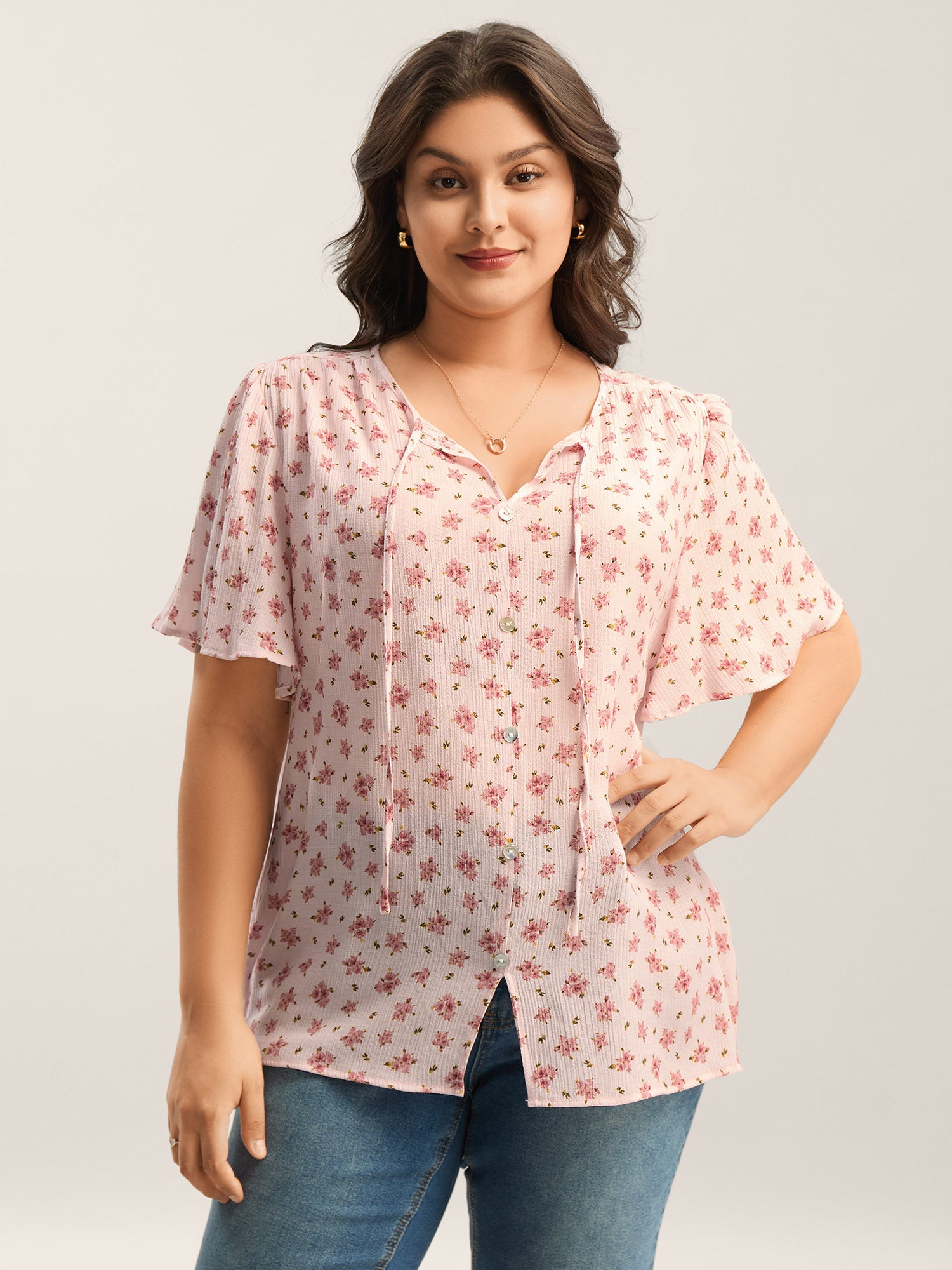 Blushing Floral Print Button Detail Blouse