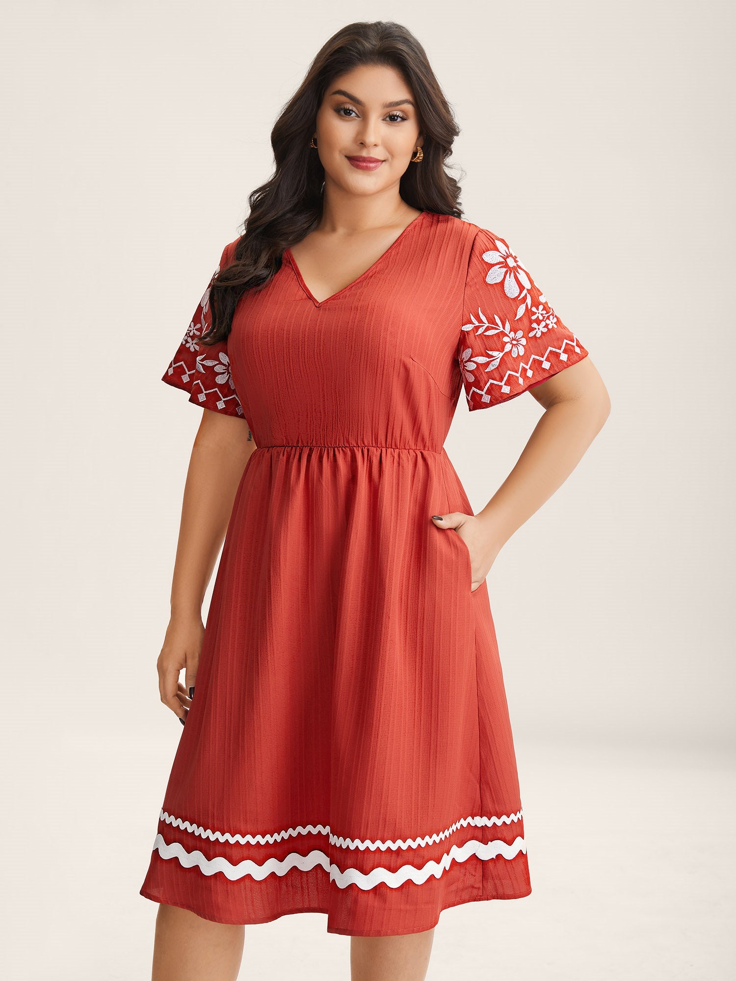Embroidered Sleeve Cinched-Waist Midi Dress