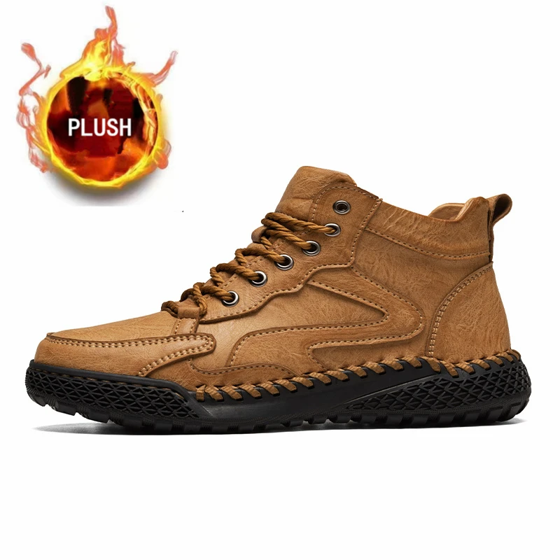 Drawato diy Outdoor Hiking Shoes for Men Autumn Winter Ankle Snow Boots Optional Plush Non-slip Lightweight Hand Stitched Leather Shoes