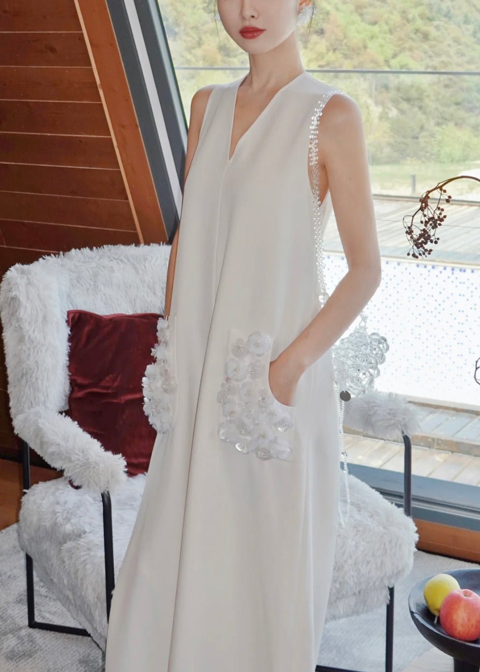 French White Sequins Pockets Cotton Party Dress Sleeveless