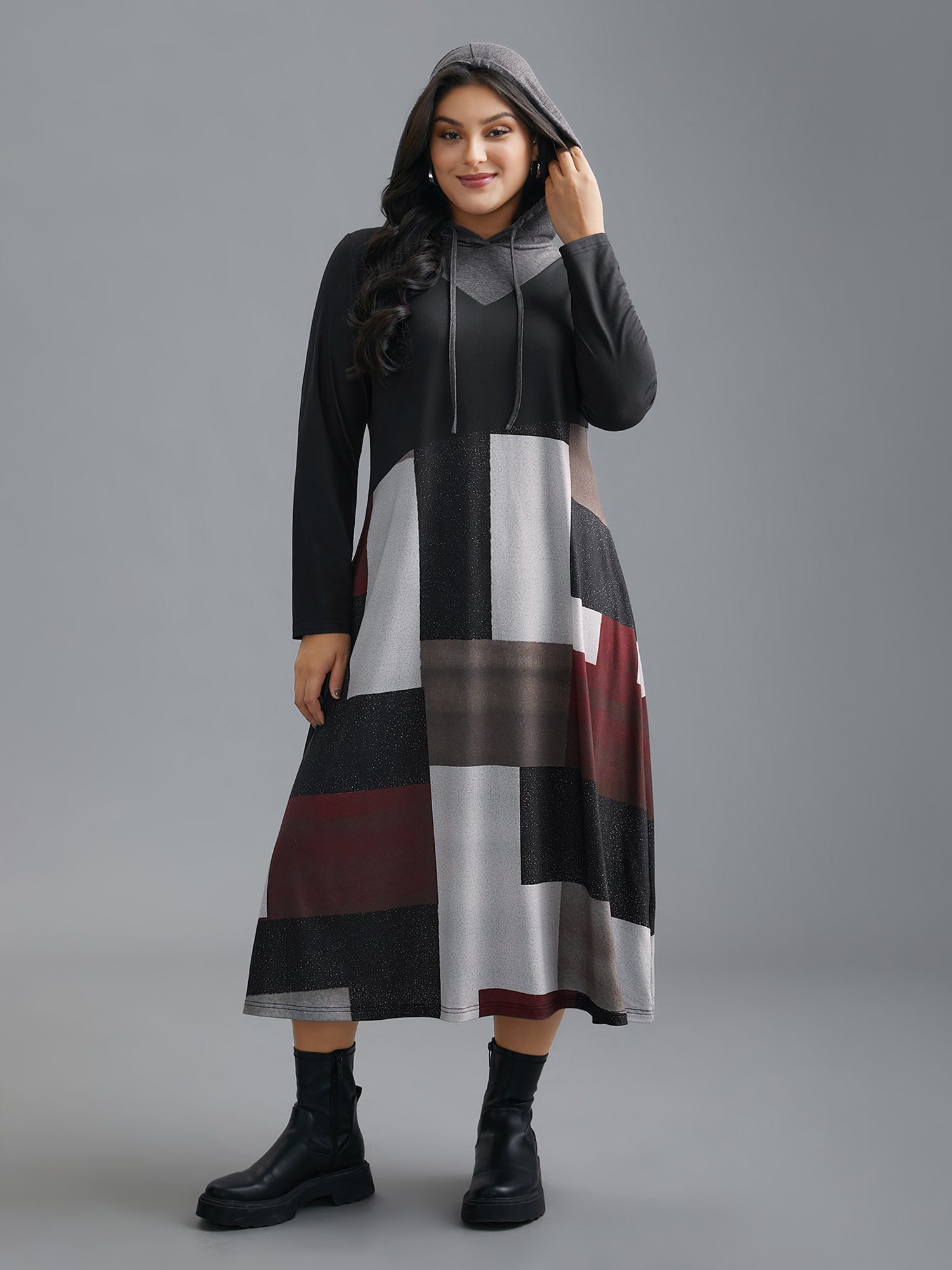 Geo Print Hooded Drawstring Pockets Dress