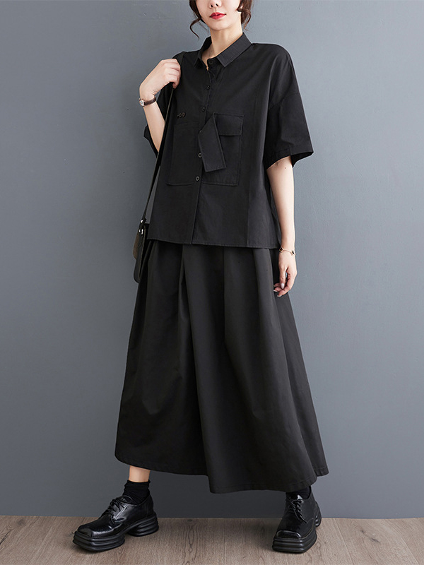 Loose Short Sleeves Solid Color Split-Joint Blouses