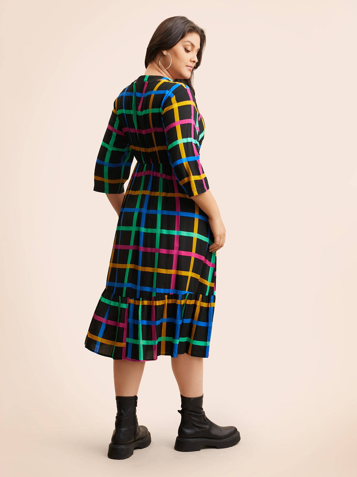 Plaid Notched Ruffle Hem Pocket Dress