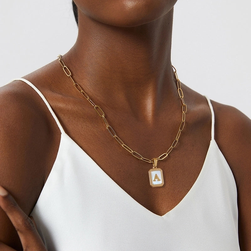 Minimalist Letter Square Titanium Steel Plating Inlay Shell Pendant Necklace 1 Piece