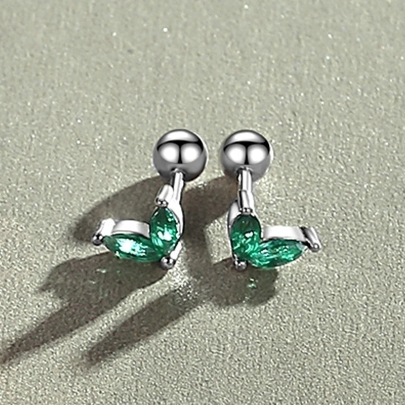 1 Pair Silver Zircon Leaf Ear Studs