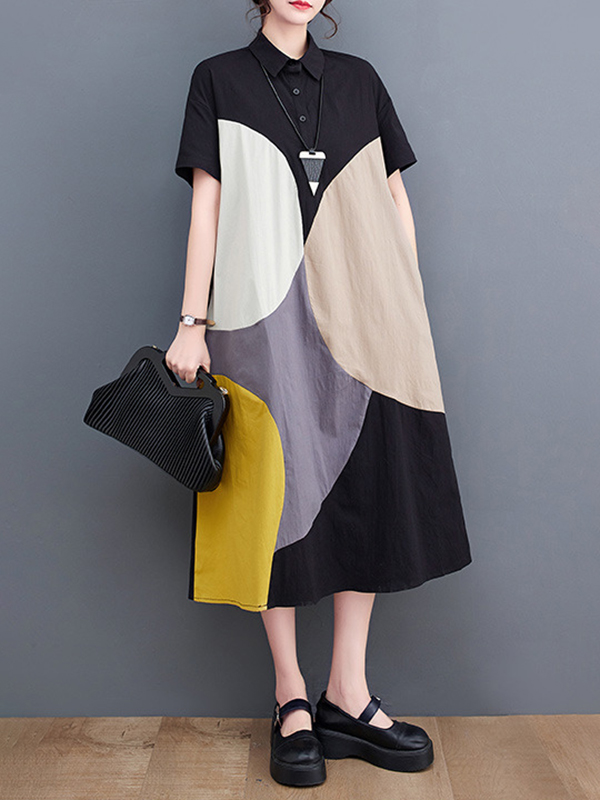 Loose Oversize Color-Block Contrast Color Split-Joint Lapel Midi Dresses Shirt Dress