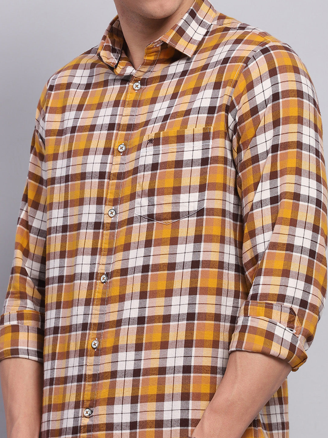 Men Yellow Check Collar Full Sleeve Shirt