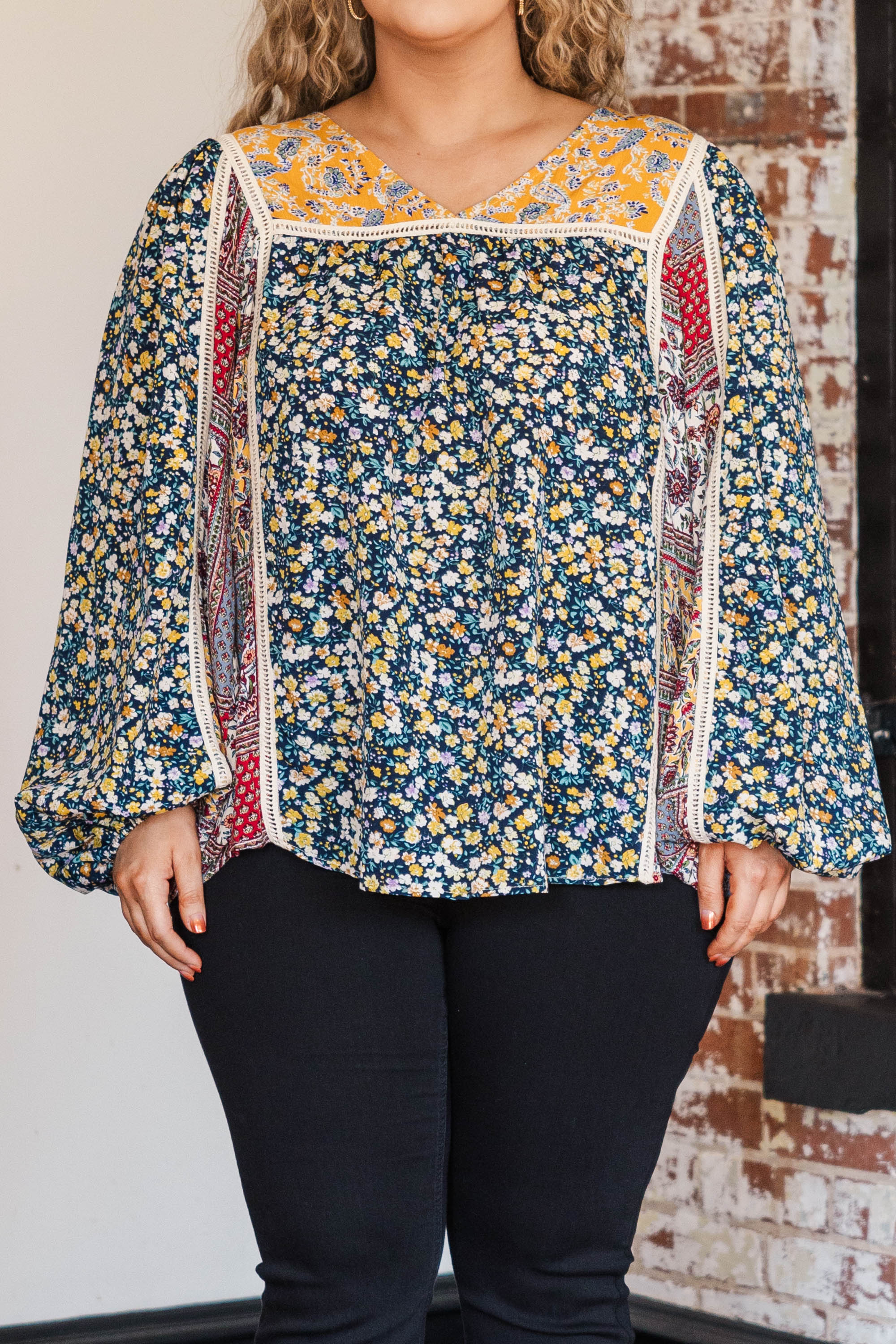 Whimsical Drapes Blouse. Navy