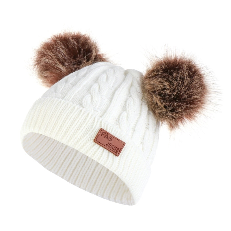 Autumn And Winter Children's Thickened Wool Hat Ear Double Hair Ball Warm Ear Protection Knitted Hat Set With Standard Solid Color Hat