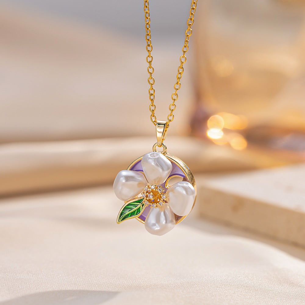 Retro Oil Drop Baroque Freshwater Pearl Enamel High-Grade Painted Flower Pendant Necklace