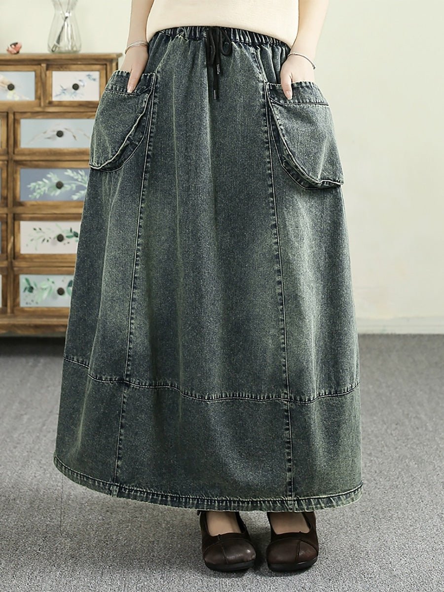 Women Spring Artsy Denim Spliced Pocket Skirt