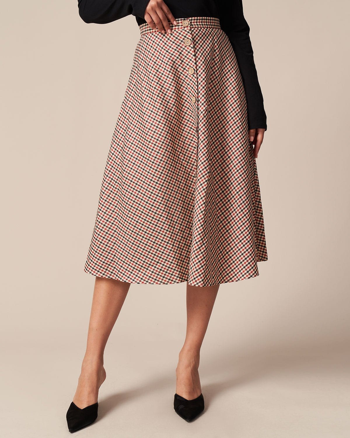 The Brown High Waisted Plaid Button Midi Skirt