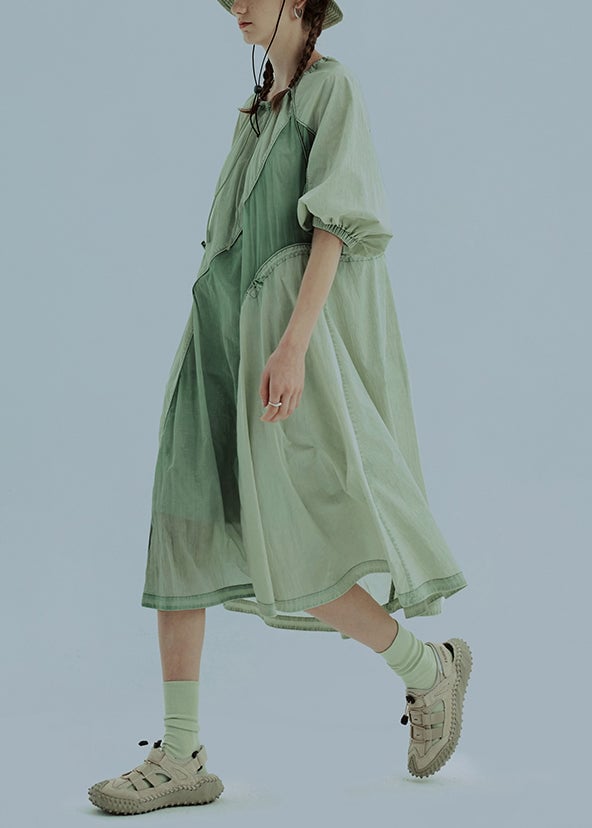Modern Green Drawstring Wrinkled Patchwork Cotton Dresses Summer