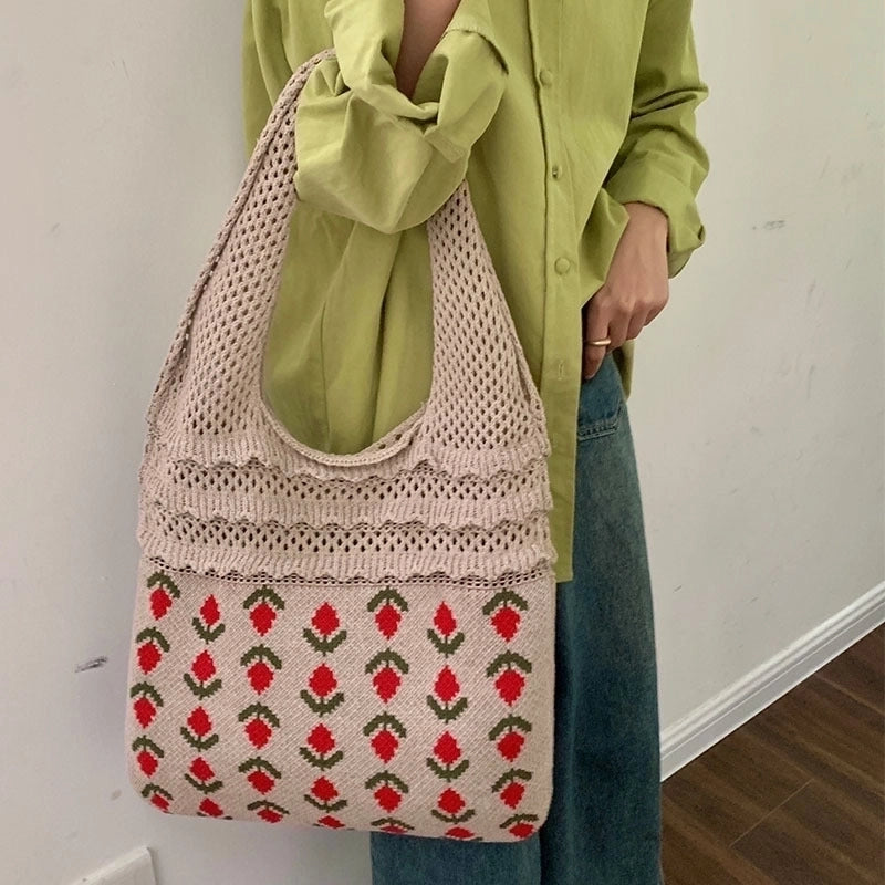 Women's Medium Knit Flower Vintage Style Weave Open Shoulder Bag