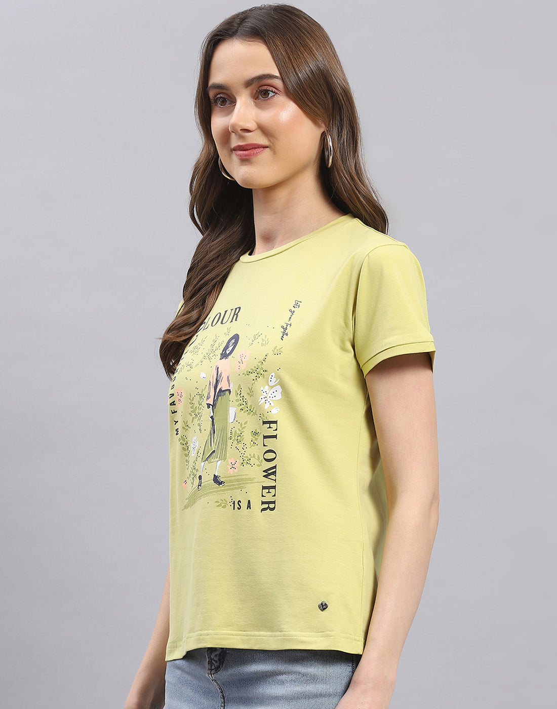 Women Lime Green Printed Round Neck Half Sleeve Top