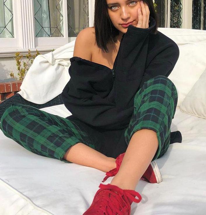 Green Plaid Trousers With Zipper Pockets