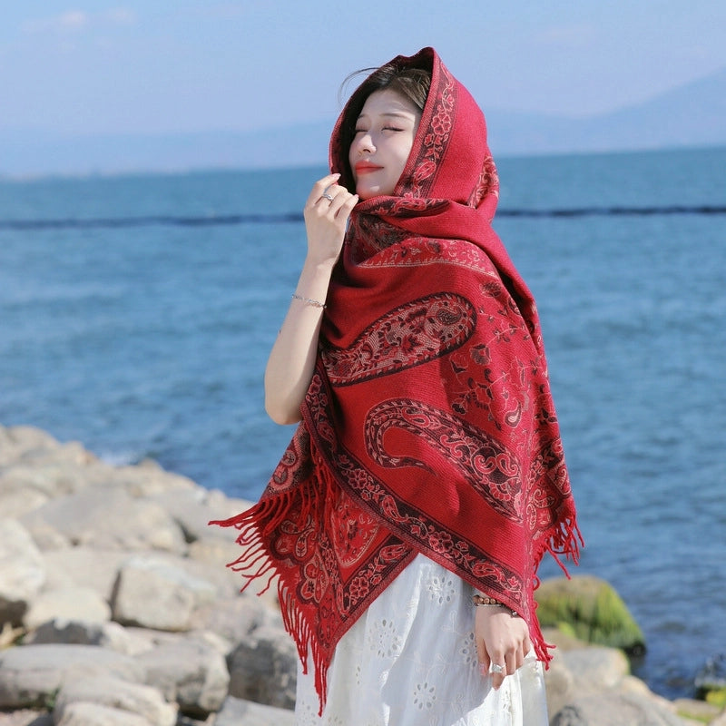 Red Ethnic Style Cashew Scarf Women's  Winter Thickened Shawl Travel Air Conditioning Blanket Scarf Cape