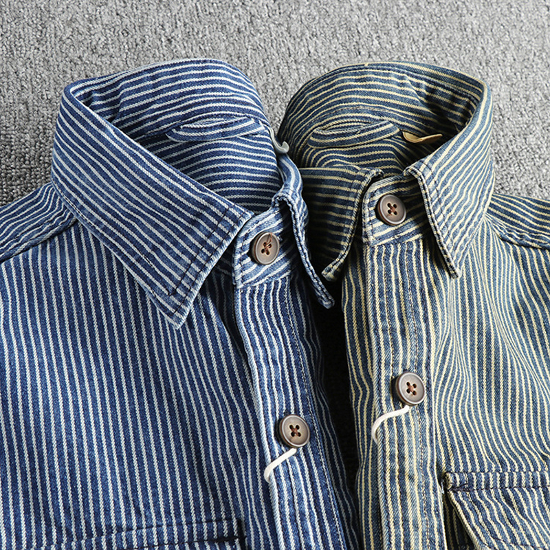 Retro Yarn-Dyed Striped Washed Distressed Workwear Denim Shirt