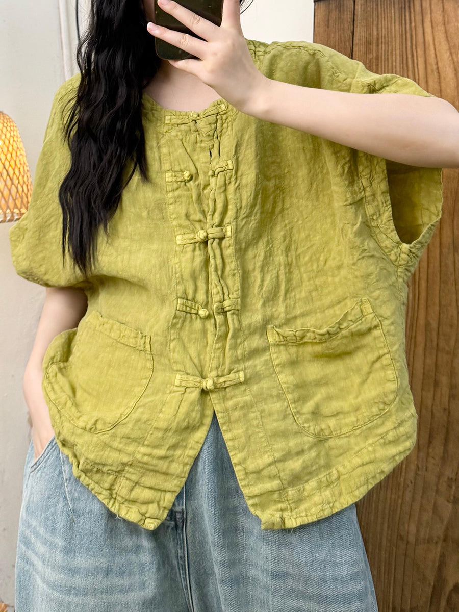 Women Summer Retro Button-up O-Neck Linen Shirt