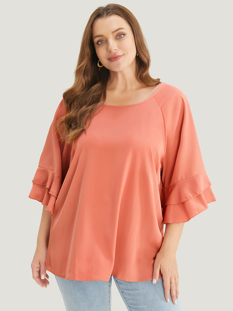 Plain Ruffle Tiered Round Neck Blouse