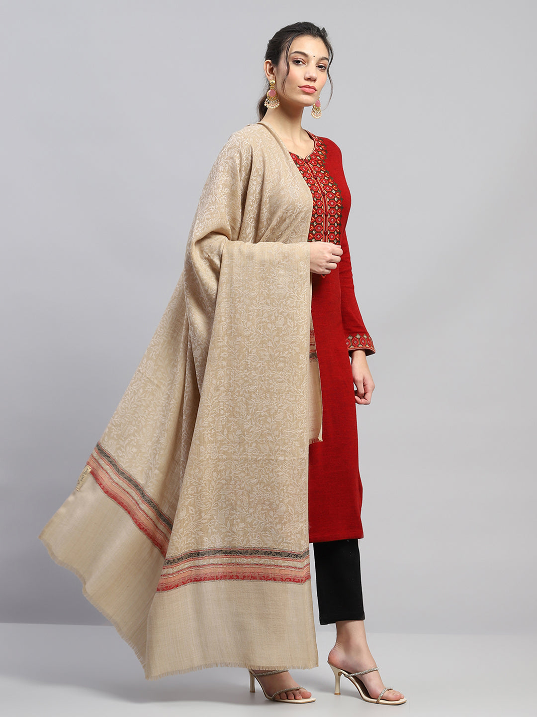 Women Beige Self Design Reversible Shawl