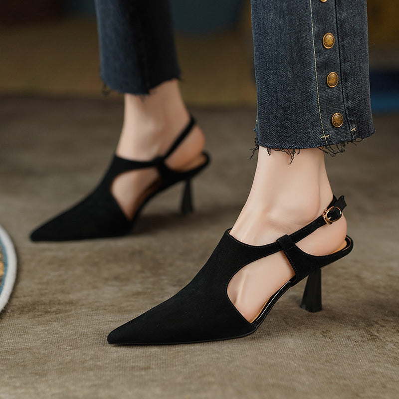 Elegant Pointed Toe Suede Leather Slingback Pumps 70mm Kitten Heel with Buckle Strap in Black/Green