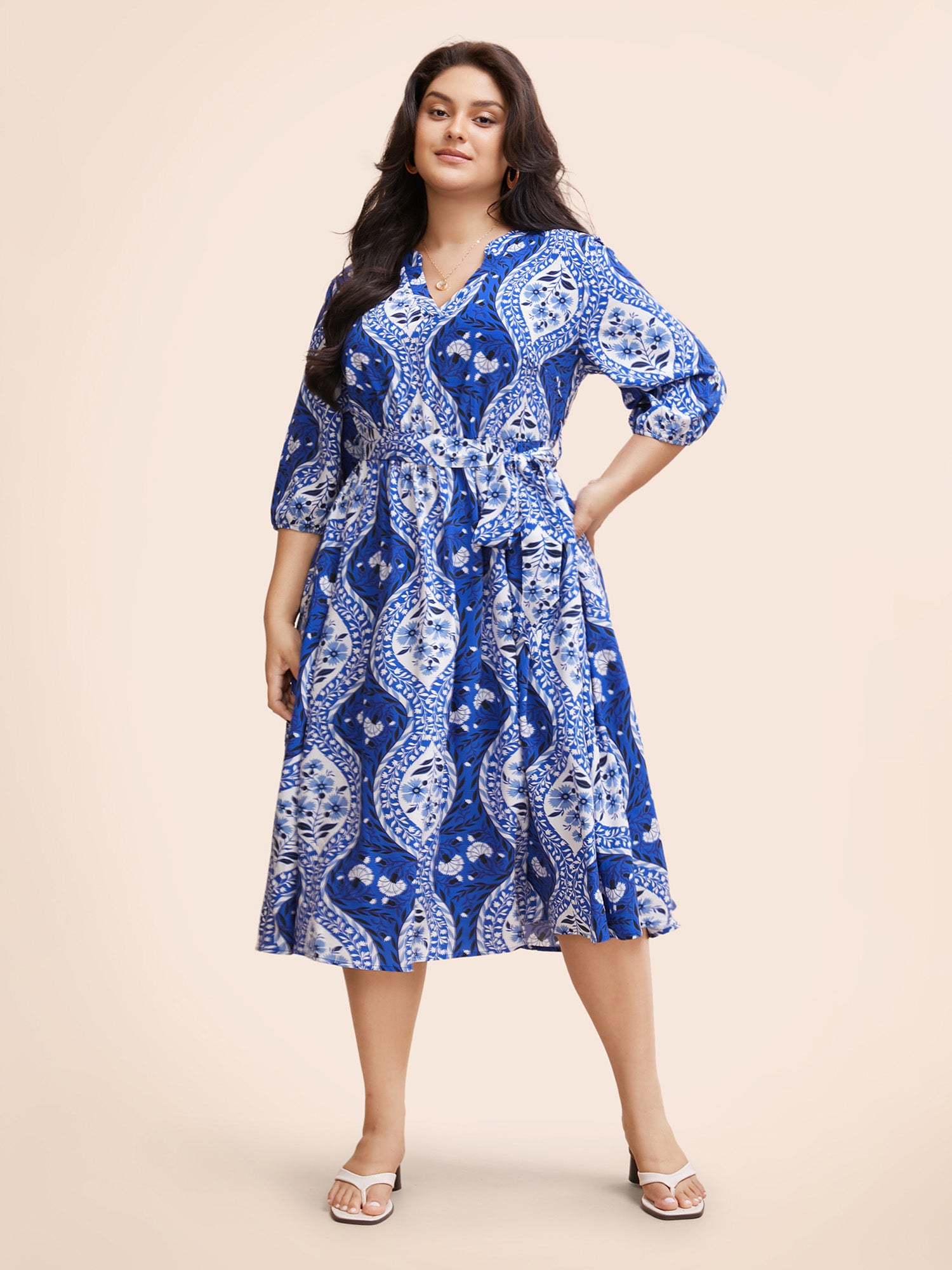 Boho Print Notched Collar Belted Gathered Dress