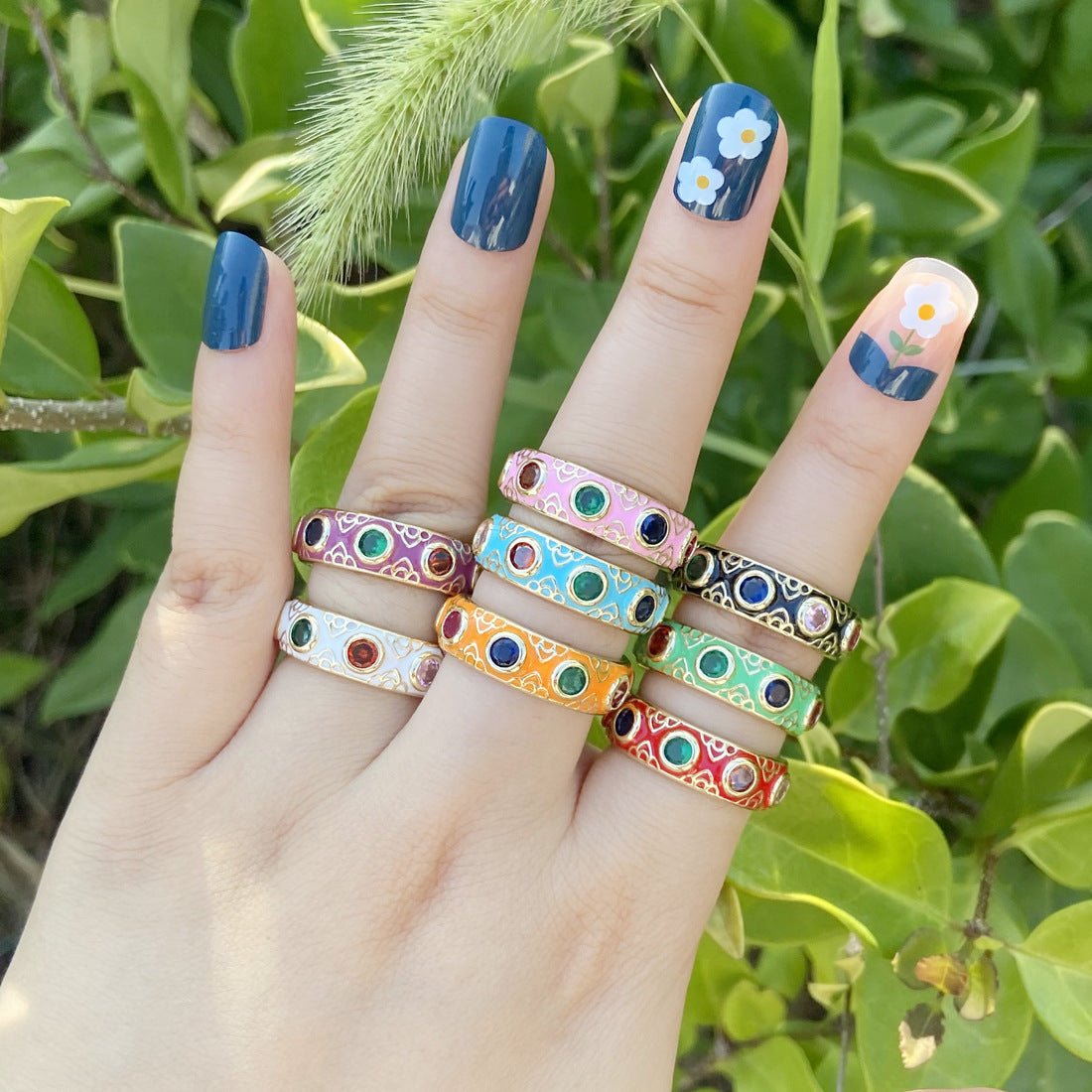 Women Retro Vintage Metal Flower Copper Oil Dripping Rings