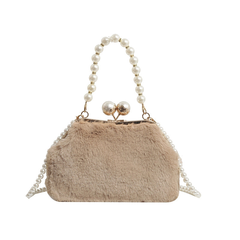 Women's Plush Solid Color Elegant Basic Shell Lock Clasp Shoulder Bag Handbag