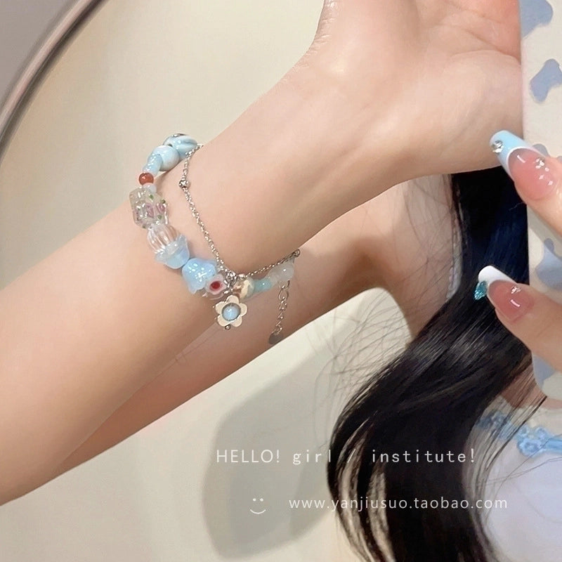 Fashion Letter Flower Titanium Steel Inlay Zircon Bracelets 1 Piece