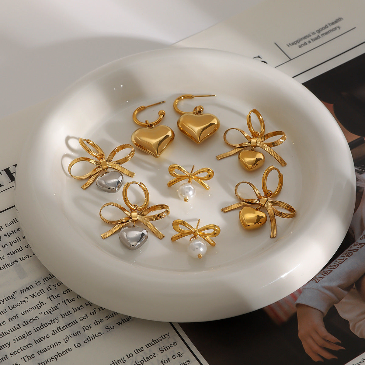 Jie Ding Stainless Steel Valentine'S Day Bow Earrings Zircon Heart Earrings Titanium Steel Earrings