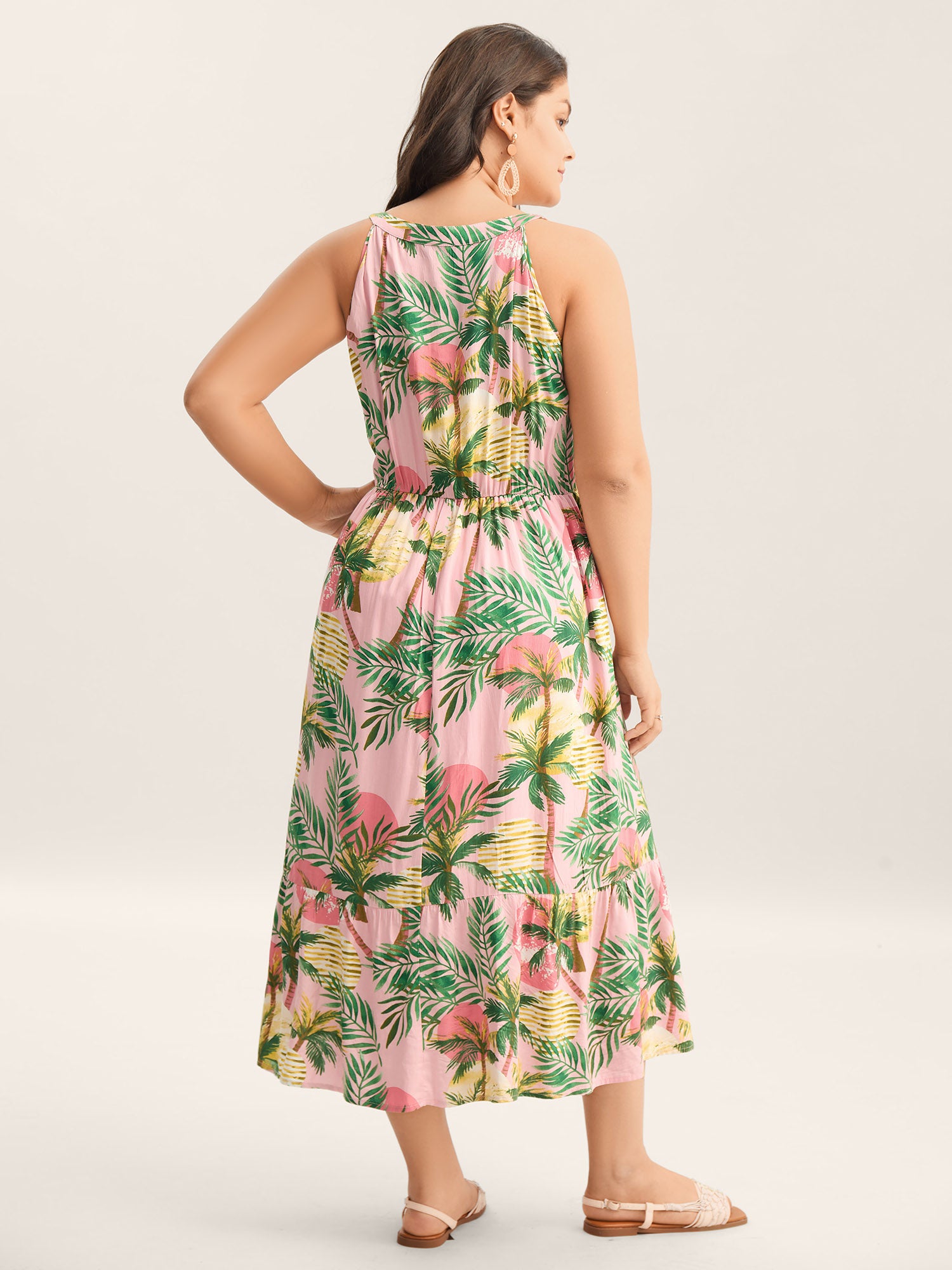 Tropical Print Cinched-Waist Pockets Midi Dress