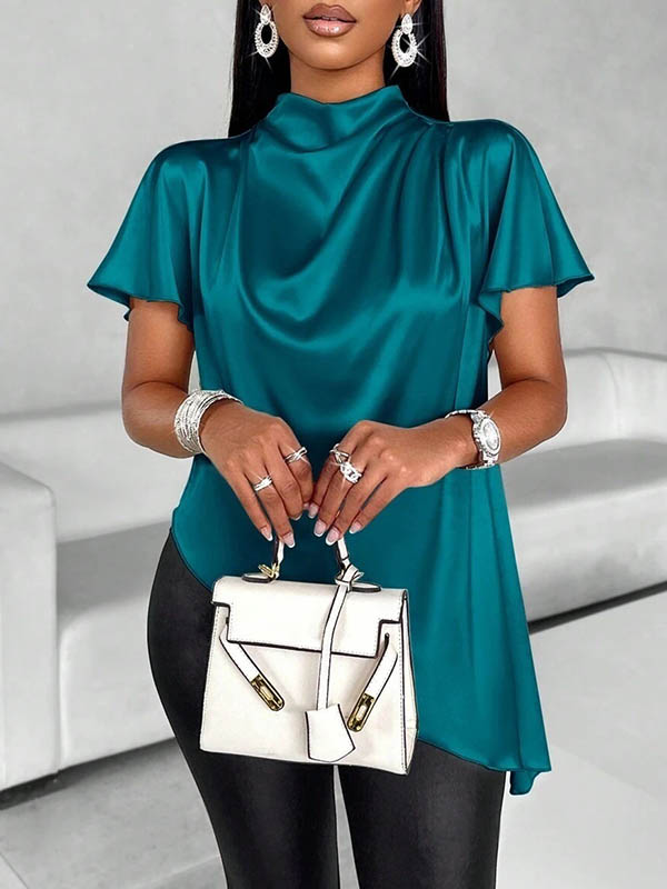 Loose Short Sleeves Asymmetric Solid Color Mock Neck Blouses&Shirts Tops