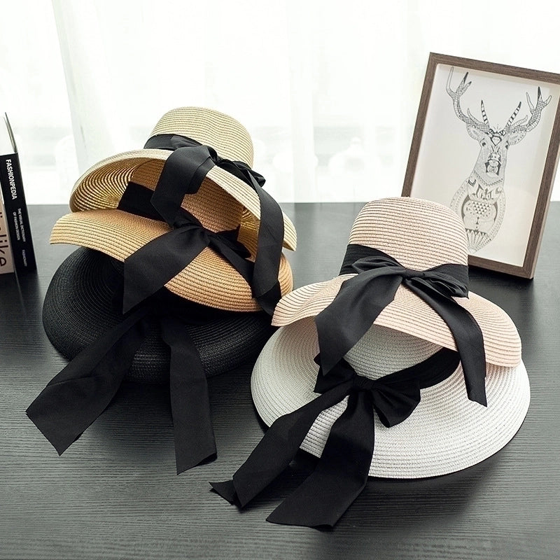 Women's Vacation Solid Color Bowknot Crimping Sun Hat